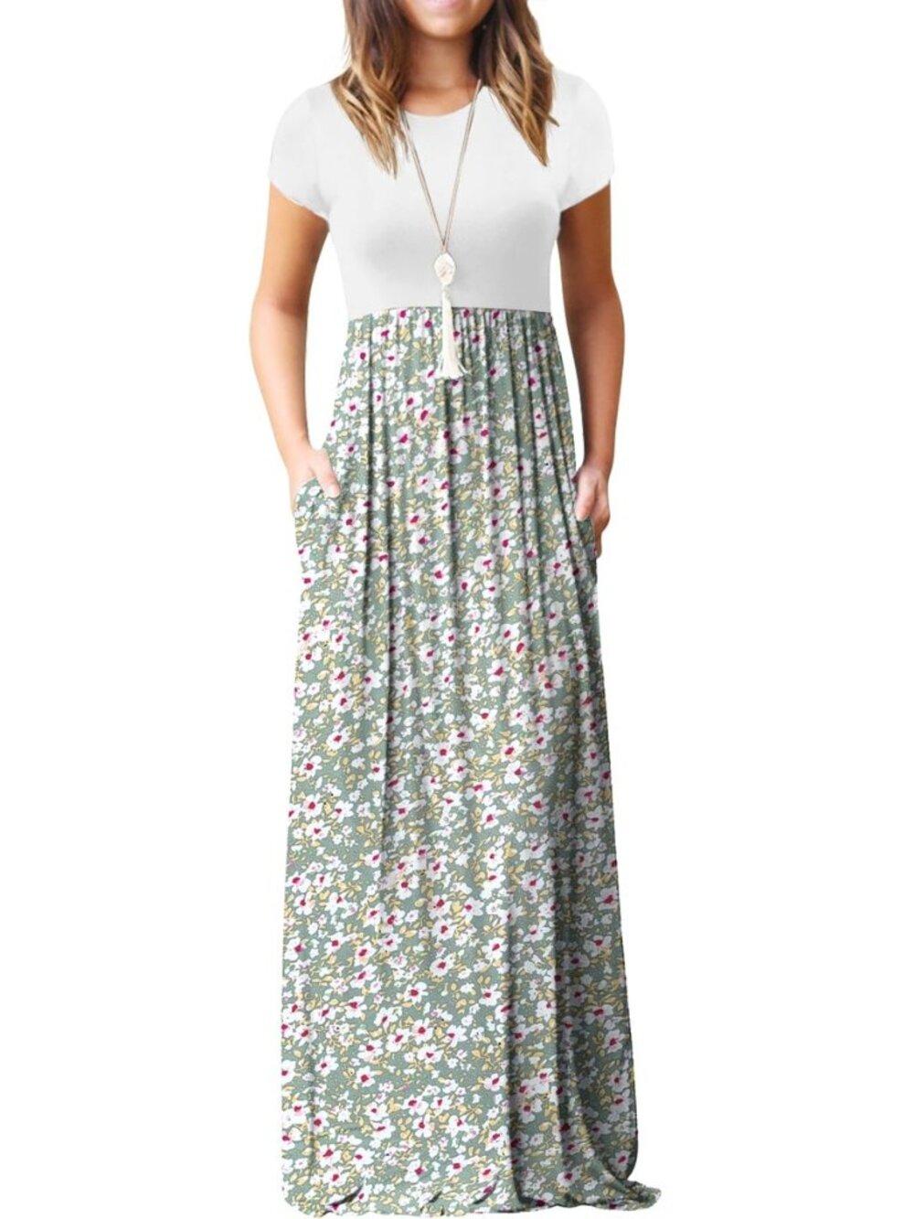 Women Summer Casual Maxi Long Dress Short Sleeve Crew Neck with Pockets, Size